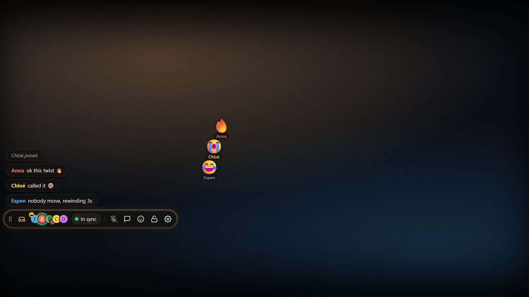 Sofa's floating toolbar with friends' avatars, an in-sync indicator, chat messages and emoji reactions.