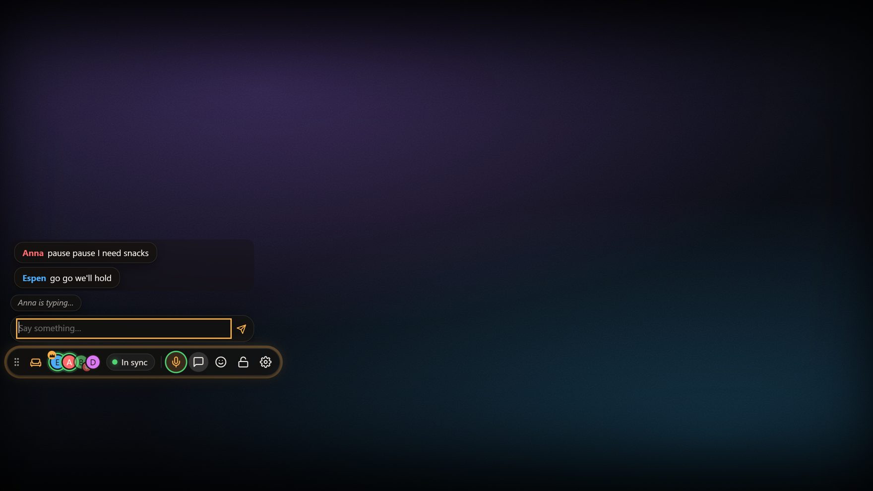 Sofa voice preview showing an active microphone, open chat history and a typing indicator above the toolbar.